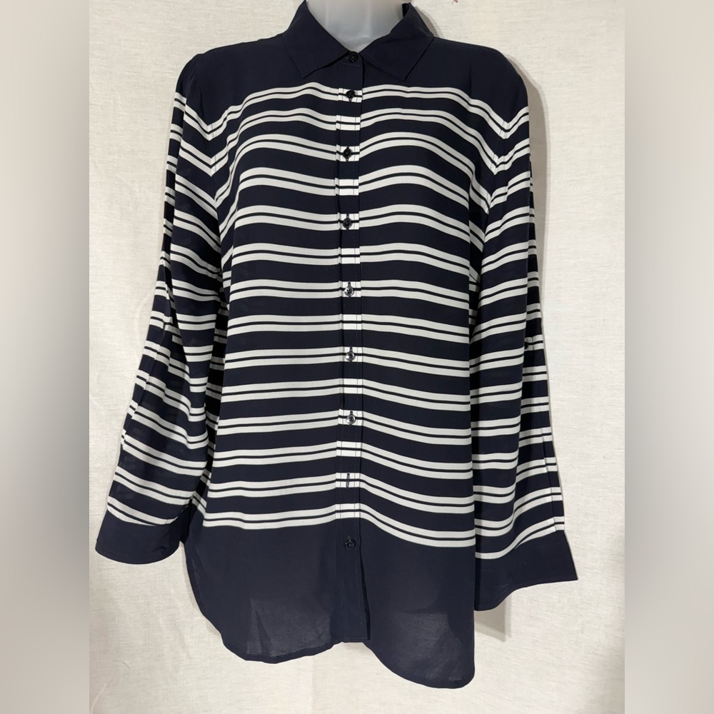 Talbots Dark Blue and White Striped Button-Up Blouse Size LP